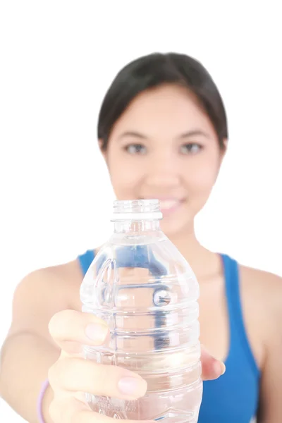 Girl hold bottle of pure still drinking water nutrition facts — Stock Photo, Image