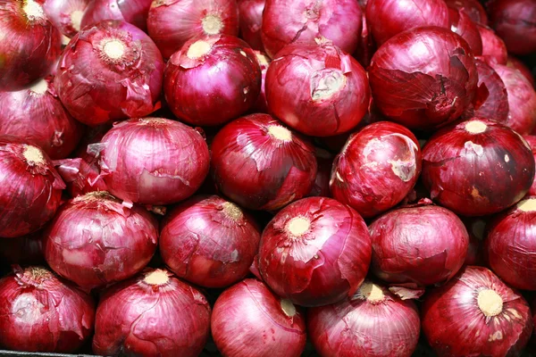 Cebollas rojas cosechadas en el fondo — Foto de Stock