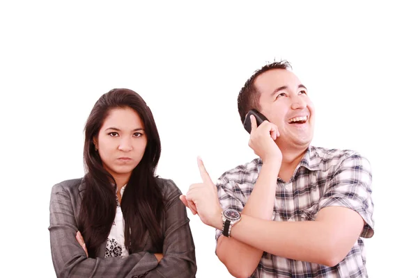 Szczęśliwy człowiek rozmawia przez telefon, zapomnieć o jego żona — Zdjęcie stockowe