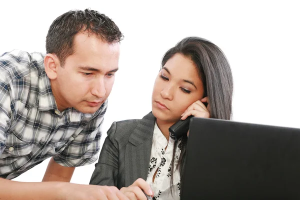 Business woman giving a working advice to young man — Stock Photo, Image