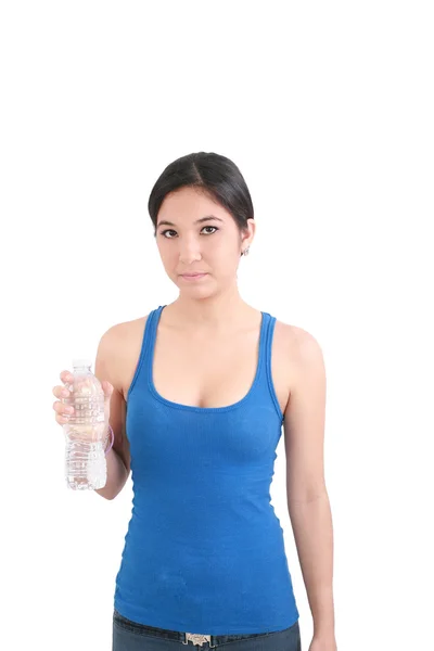 Portrait of woman in fitness attire holding water bottle and smi — Stock Photo, Image