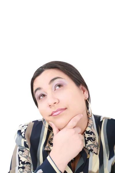 Portrait of a smiling thinking woman looking on copyspace — Stock Photo, Image