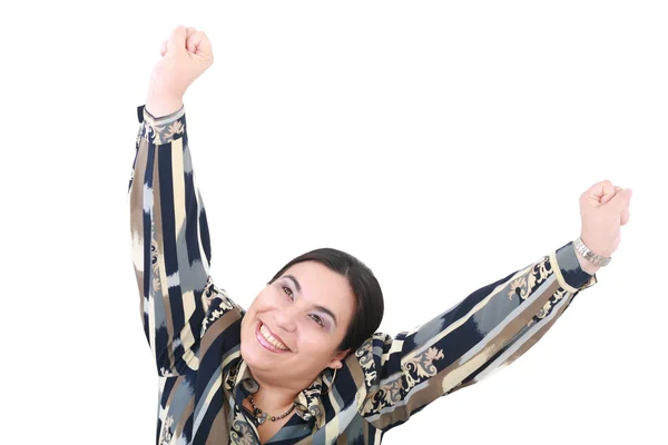Счастливая привлекательная девушка с поднятыми руками — стоковое фото