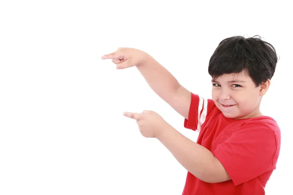A little boy points at something, boy presents something — Stock Photo, Image