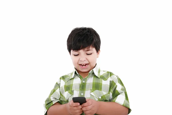 Mensagens de texto menino isolado sobre branco — Fotografia de Stock