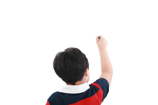 Adorável menino escrevendo em um fundo sobre branco — Fotografia de Stock