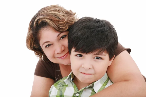 Portrait of a mom with her son on a white — Stock Photo, Image