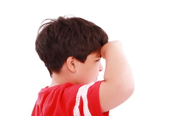 Boy intently looking far away, isolated on white background — Stock Photo, Image