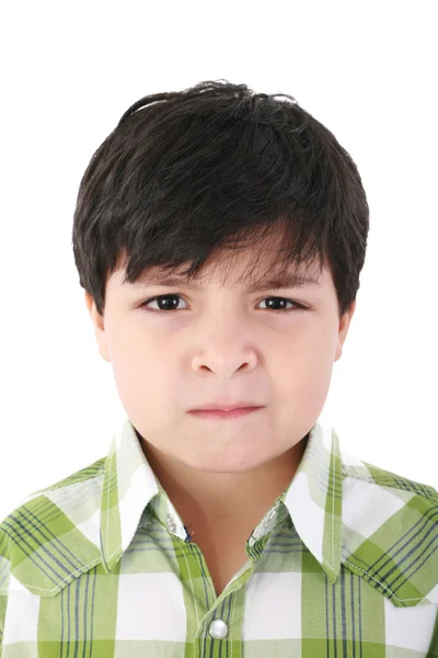 Porträtt av vacker liten pojke med allvarlig titt isolerad på w — Stockfoto