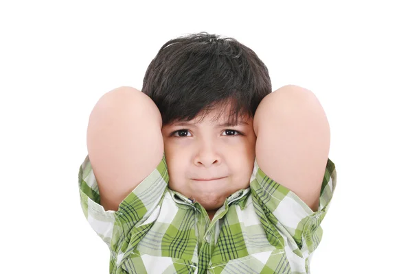Close up portrait of a young boy child smiling with arms up behi — Stock Photo, Image