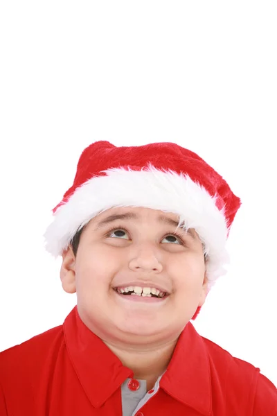 Kopfschuss der jungen Schönheit Weihnachtsmann suchen nach oben zu kopieren Raum und — Stockfoto