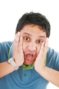 Young man has opened mouth from surprise, isolated on white back clipart