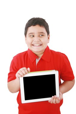 Portret van een schattige jonge kind gelukkig met zijn nieuwe digitale tablet