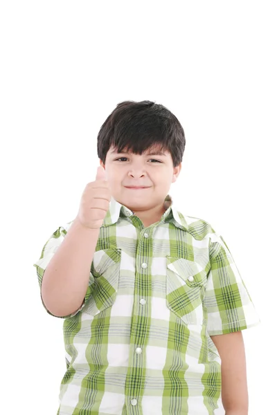 Мальчик с поднятым пальцем, изолированный на белом фоне — стоковое фото