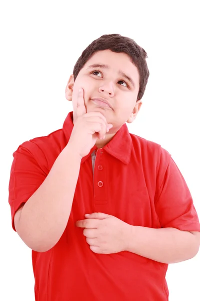 Niño con una expresión pensativa mirando hacia arriba. Aislado en ba blanca —  Fotos de Stock