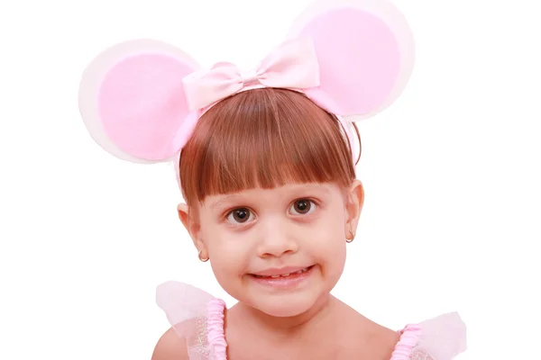 Portrait of girl with bunny ears headband, isolated on white ba — Stock Photo, Image