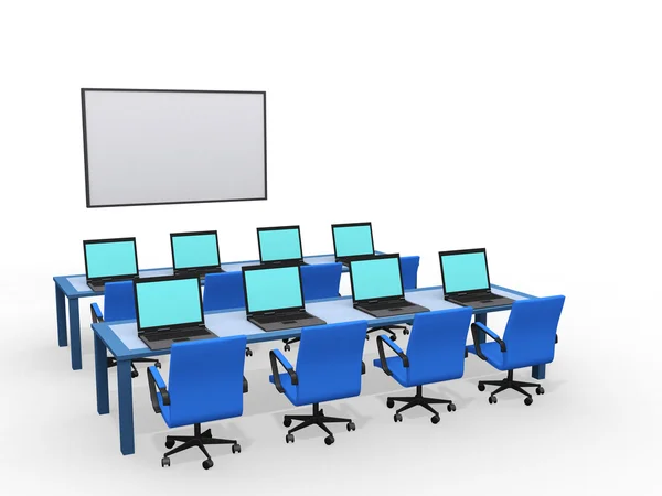 Moderna klassrum med datorer, 3d render — Stockfoto