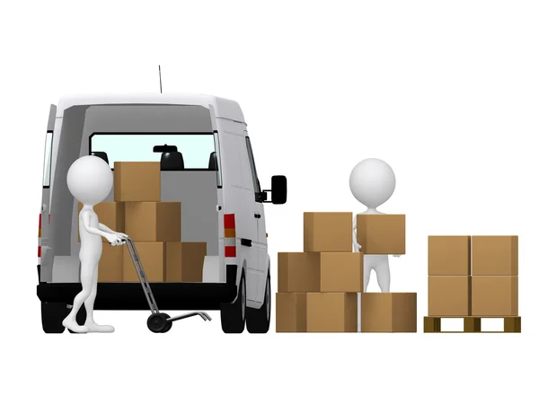 3d piccole persone che trasportano il camion a mano con scatole. Caselle e v — Foto Stock
