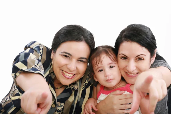 Two woman pointed something at front of little girl — Stock Photo, Image