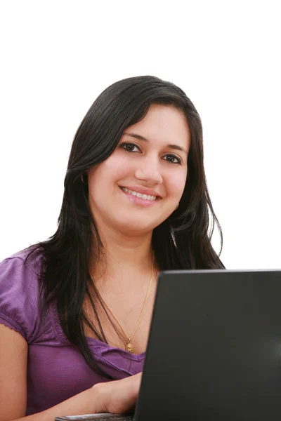 Giovane donna d'affari, segretaria o studente con computer portatile, isolato — Foto Stock