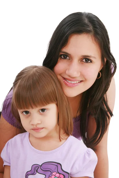Beautiful happy mom with her daughter isolated on white — Stock Photo, Image