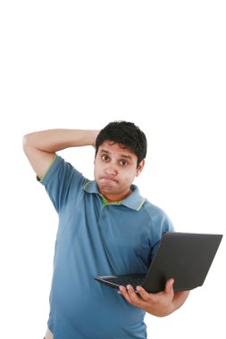Worried young sman working on laptop clipart
