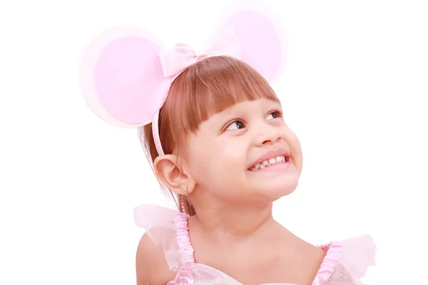 Menina usando orelhas de rato rir — Fotografia de Stock