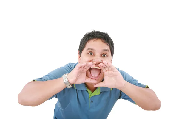 Muito irritado casual homem gritando isolado no fundo branco — Fotografia de Stock