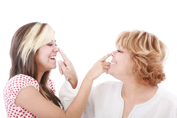 Chica y madre perfiles, mujer juguetona con la nariz hija jugar —  Fotos de Stock