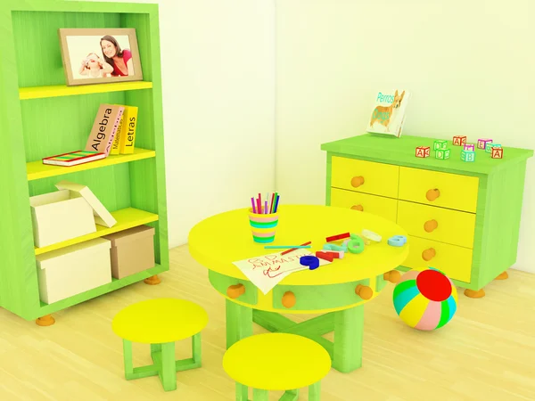 Зона исследования и игры в детской комнате 3D изображение — стоковое фото