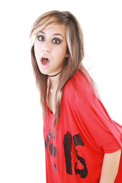 Shocked trendy teenage girl posing mouth open — Stock Photo, Image