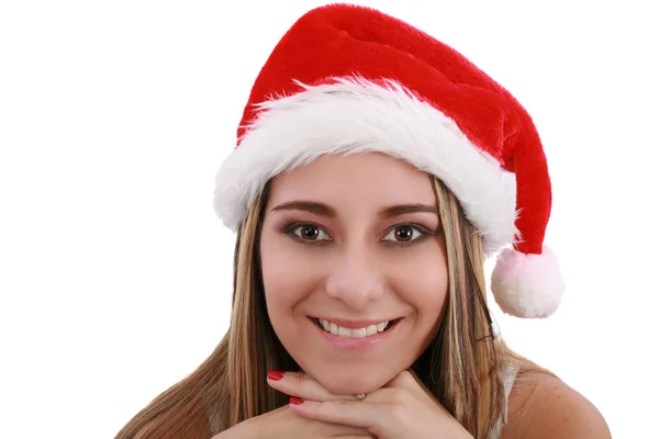 ハッピー クリスマス サンタ女性の笑みを浮かべてします。幸せな女性の美しい顔 — ストック写真
