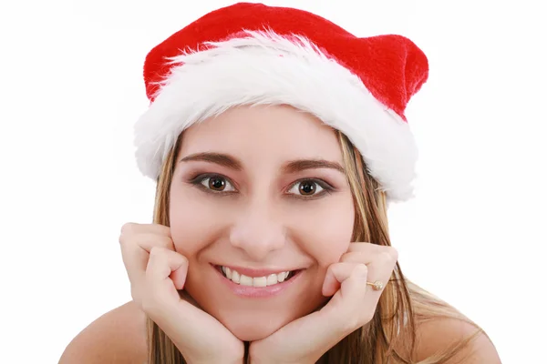 圣诞老人的帽子，漂亮圣诞女孩微笑着孤立的照片 — 图库照片