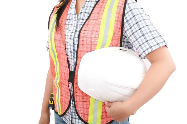 Engineer woman holding an helmet, isolated over white — Stock Photo, Image