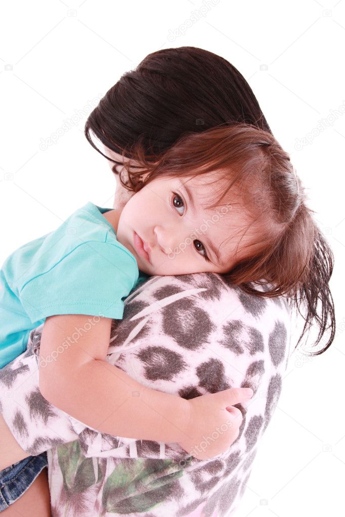 Girl hugging her mom. Isolated on white.