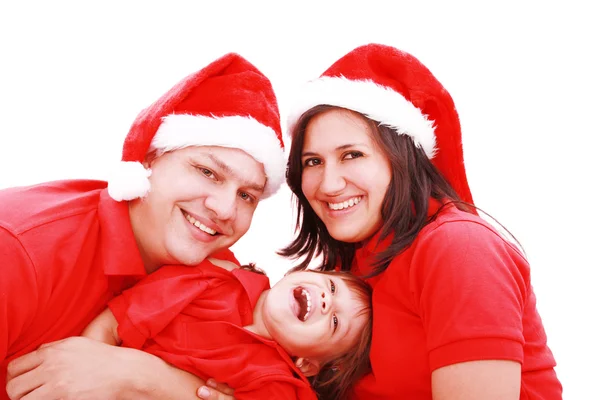 Ευτυχία οικογένεια στο καπέλο Χριστούγεννα που απομονώνονται σε λευκό — Φωτογραφία Αρχείου