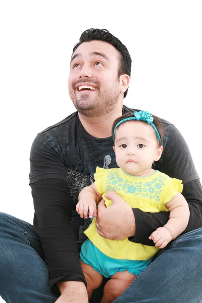 Glückliches und lächelndes Baby und Vater. das Baby 8 Monate alt. isolieren — Stockfoto