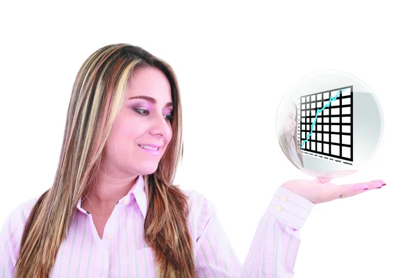 Empresária mão segurando uma esfera de um gráfico crescente isolado — Fotografia de Stock