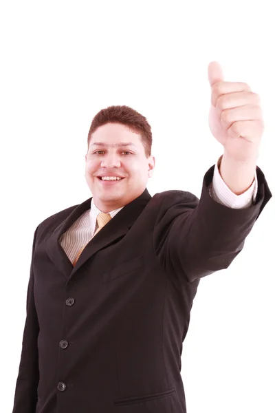 Молодой бизнесмен делает большой палец вверх, изолированный на белом — стоковое фото