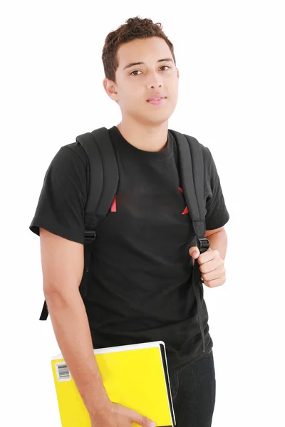 Estudante menino atraente de pé com mochila escolar um excesso de whit — Fotografia de Stock