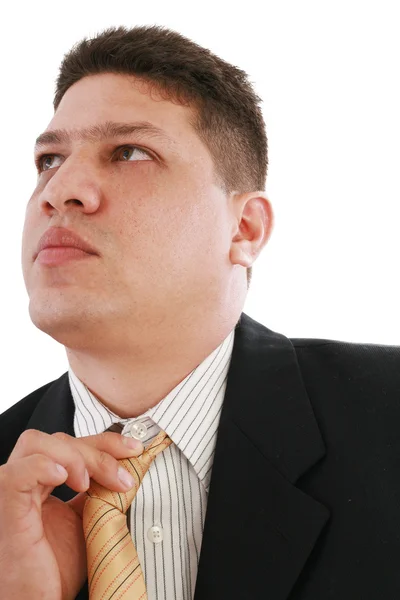 Uomo d'affari che si aggiusta la cravatta, isolato sul bianco — Foto Stock