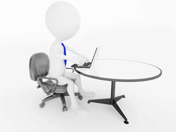 Ofis koltuğu dizüstü bilgisayar ile oturup 3d iş adamı karakteri — Stok fotoğraf