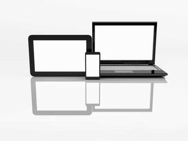 Eletrônica. Laptop, telefone celular e tablet pc. 3d — Fotografia de Stock