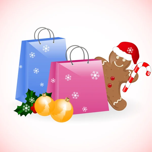 Sacos de compras de Natal com homem de gengibre — Vetor de Stock