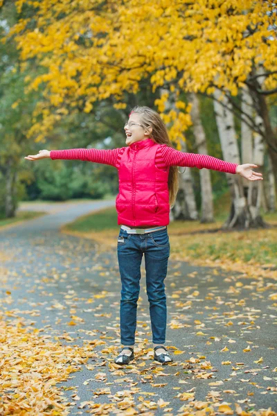 Menina bonito andando no parque de outono — Fotografia de Stock