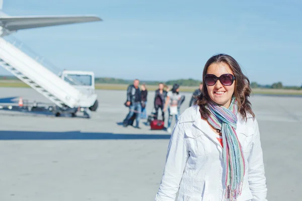 stock image Beautiful woman tourist prepared to fly