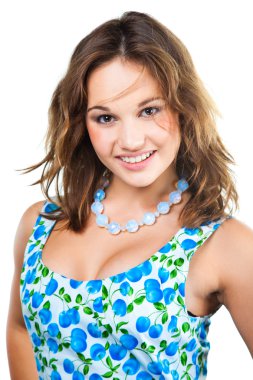 Beautiful girl in wearing cute dress with blue cherries clipart