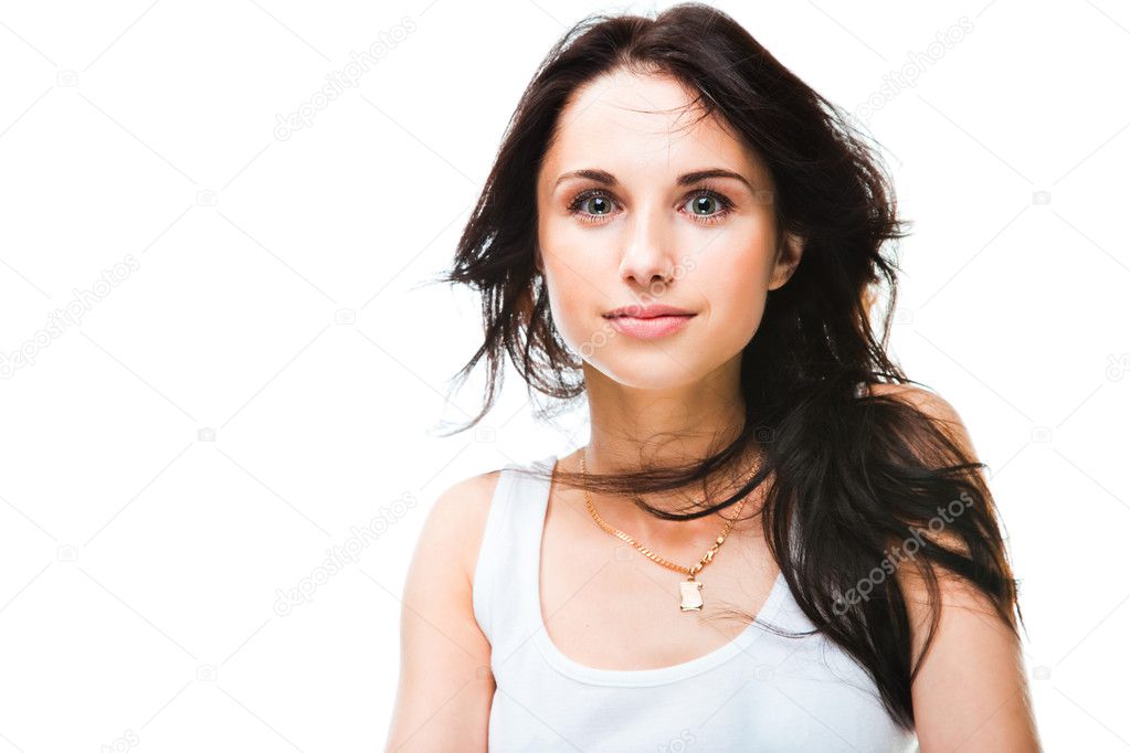 Cute young woman on white