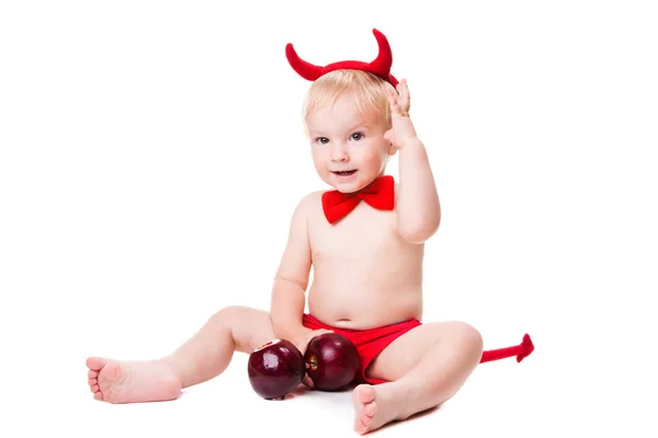 Kind im roten Anzug des verführerischen Teufels — Stockfoto