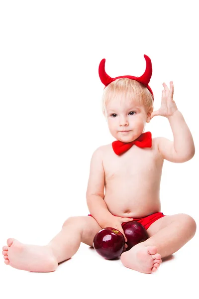 Kid in red suit of tempting devil — Stock Photo, Image
